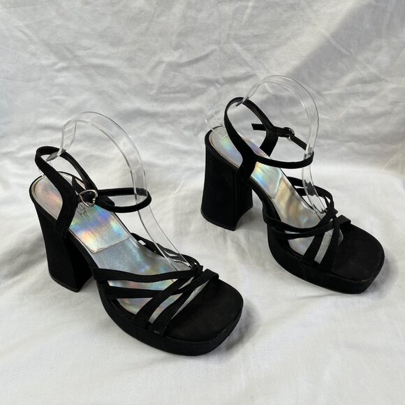 Y2k Vintage Splash Black Open-Toe Strappy Platform Block Heels - Picture 2 of 11
